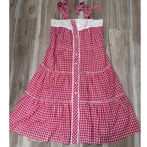 Vintage Red Gingham Tiered Maxi Dress Lace Trim Heart Button Tie Straps‎ X2